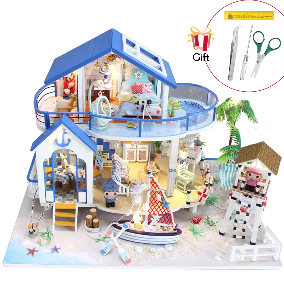 

DIY LED Dollhouse Sea Miniature Villa With Furniture Wooden House Room Model Kits Gifts Toy For Kids