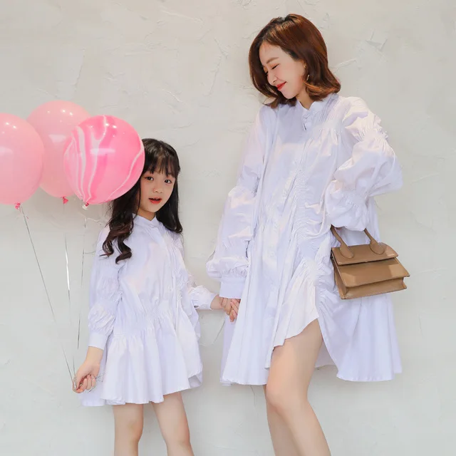 Family Look Fashion Korean Puff Sleeve Mother Daughter Dresses Casual