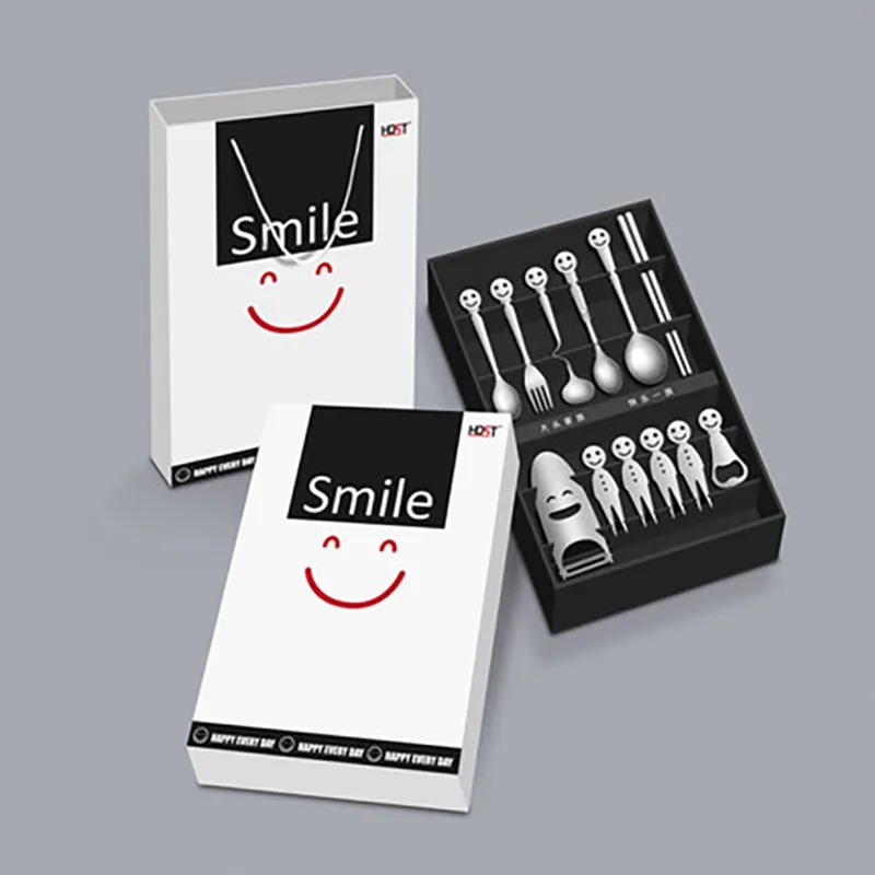 

1 Set Smile Dinnerware Forks Spoons Bottle Opener Party Wedding Gift Accept customized Logo Paper box Packing Dinnerware set