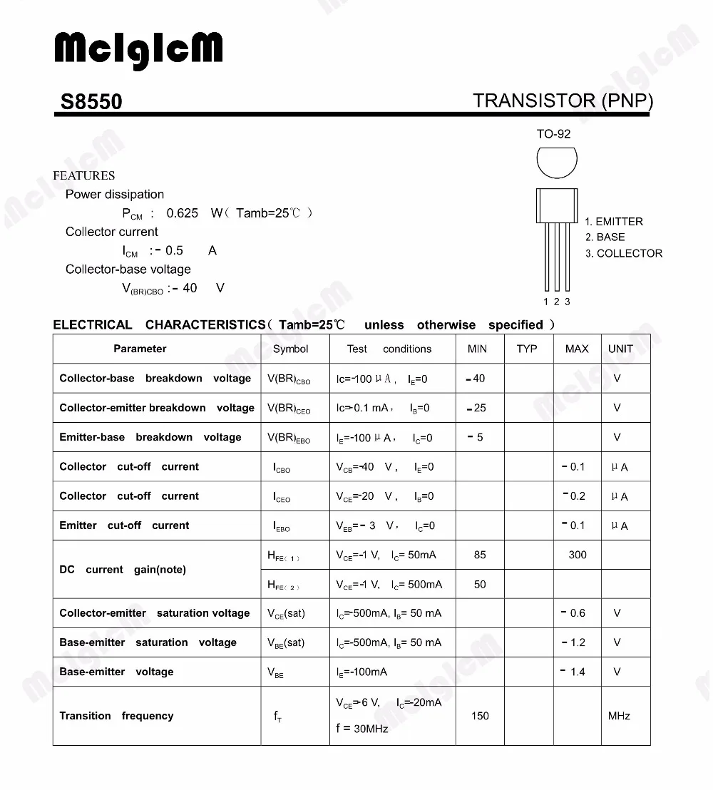 MCIGICM 100 шт. S8550 транзистор PNP Универсальный транзистор TO-92 0.5A 40 в PNP