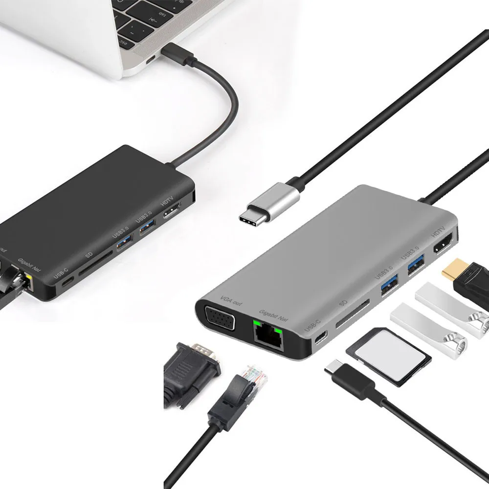 

USB C to Type C 8 in 1 USB 3.0 HDMI 4K VGA RJ45 Adapter SD TF Card Reader HUB with Dex Mode for S8/S9/Huawei mate 10/P20 #Y