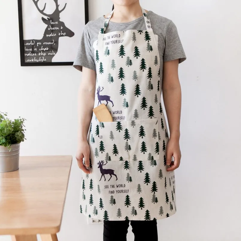 

New Antifouling Apron Christmas Tree Deer Nordic Style Plus Cotton Linen Apron Printed Apron Couple Models Kitchen Companion
