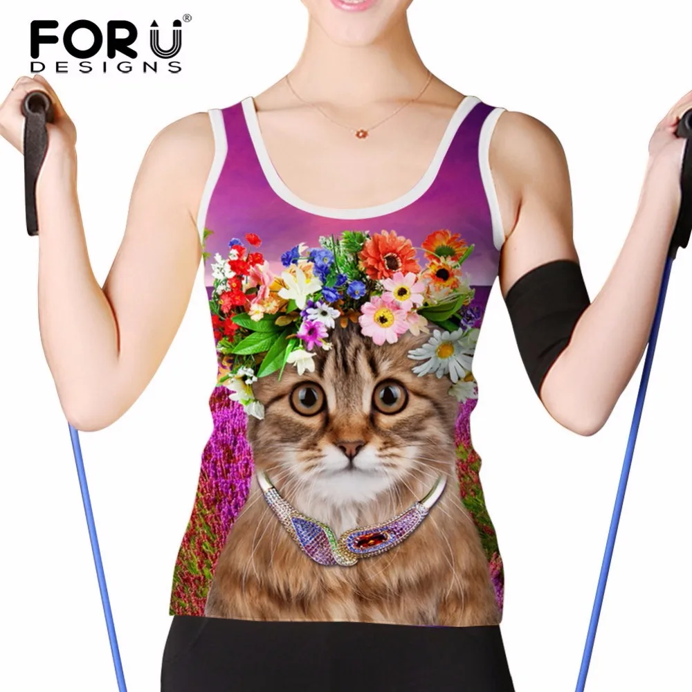 FORUDESIGNS Summer Fitness Tank Tops Women Cropped Top Cute 3D Cat Elastic Breathable Sleeveless Woman Regata