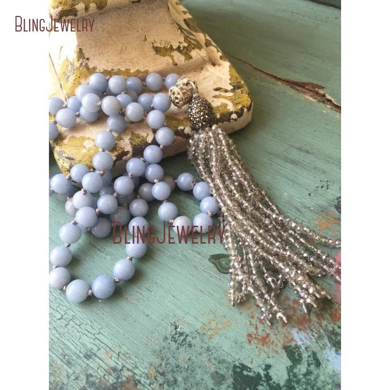 

Boho chic Knot Blue Agates Beads Necklace Small Crystal Beads Tassel Layering Necklace NM23761