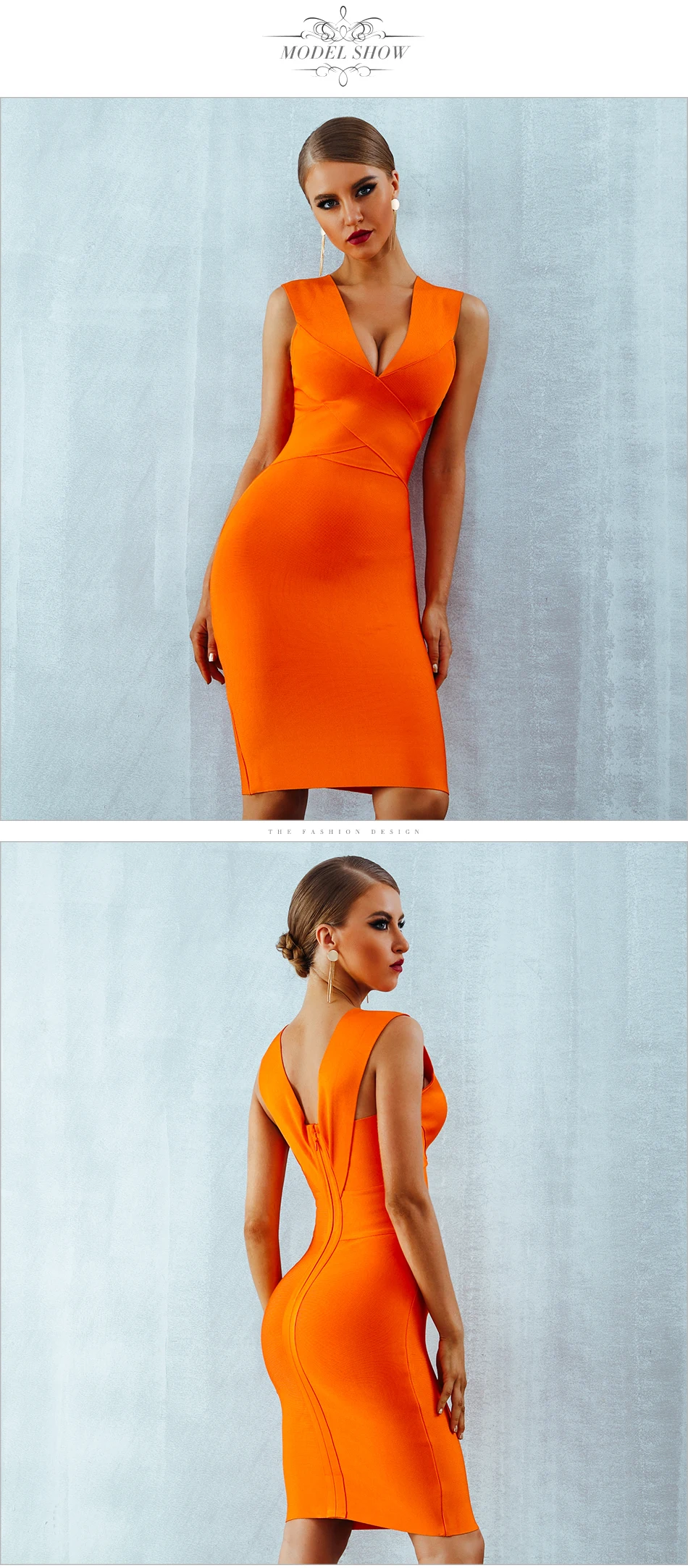 Women's Sexy Deep V-Neck Runway Bandage Dress Model Orange