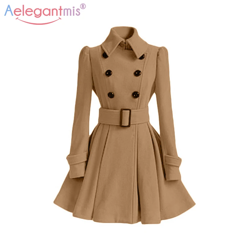

Aelegantmis Autumn Winter Vintage Woman Wool Coat Classic Long Trench Coat With Belt Office Lady Casual Business Outwear