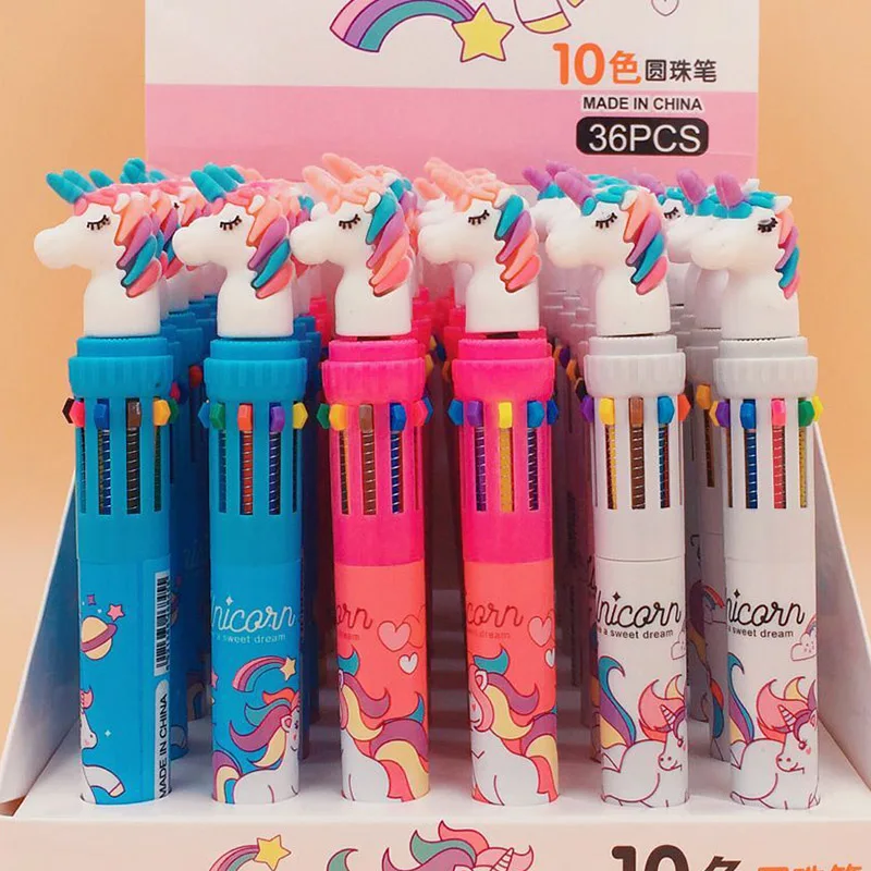 

Cute Kawaii Cartoon Animal Unicorn Press Ballpoint Pen 10-color Ball Pen Multi-Colored Stylo for Kids School Stationery Gift