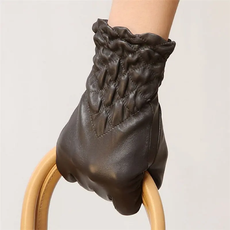 Новые женские перчатки из натуральной кожи зимние теплые эластичные модные перчатки из овчины для вождения ограничено по времени L054NC - Цвет: Темно-серый