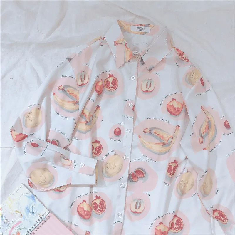 

Women Fruit Printed Blouse 2019 Harajuku Retro Long Sleeve Loose Turn Down Collar Top Shirts Casual Female Shirts