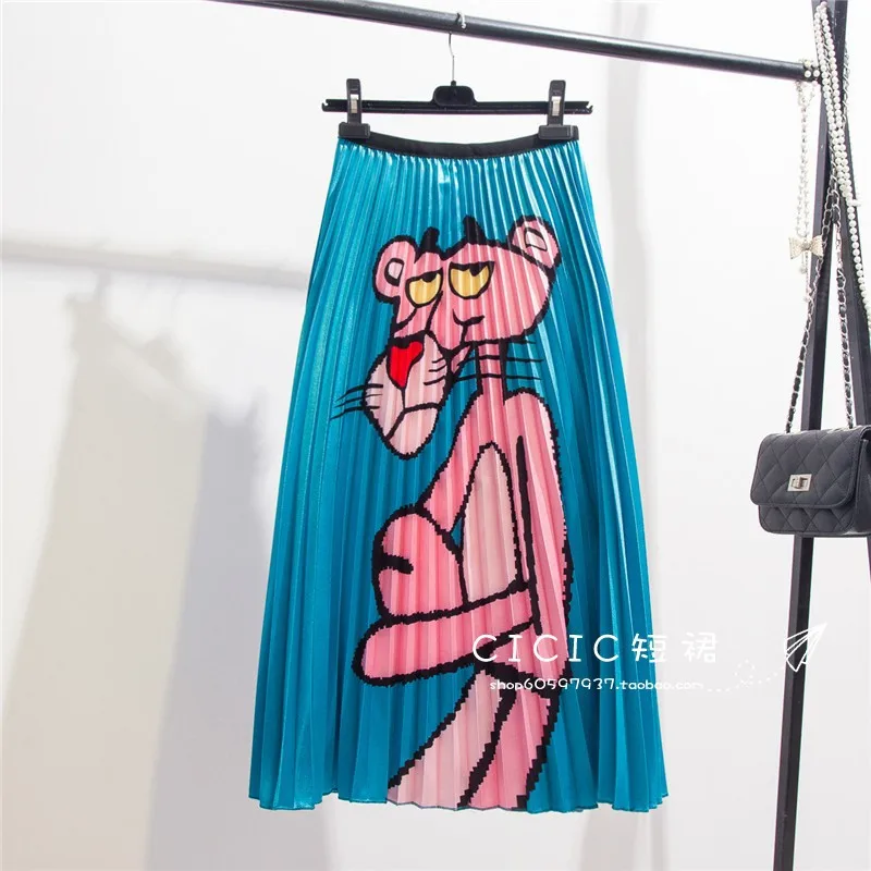 Юбки для девочек длинная юбка для женщин Лето 2019 Новый женский мультфильм Розовая пантера атласная плиссированная юбка слово