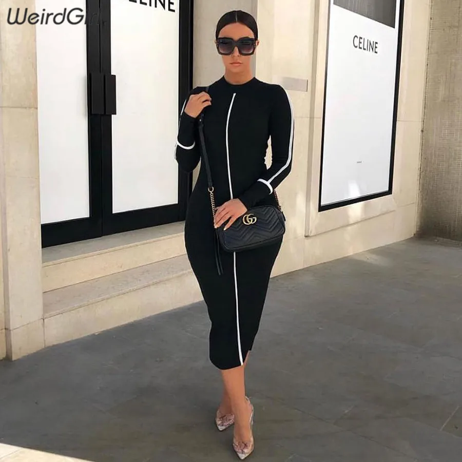 

Weirdgirl women summer dress striped elegant fashion Bodycon slim femme sheath turtleneck long sleeve Lady dress new 2019