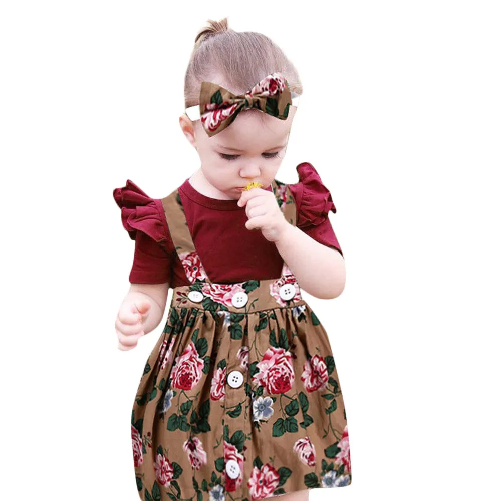 

Toddler Kids Baby Girls Clothes Summer New Style Overalls Skirt +Headband+Romper 3Pcs Clothes Outfits