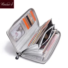 Contact's Brand Women Cow Leather Clutch Ladies Continent Purses Metalic Genuine Leather Wallets Cell Phone Holder Hot Sale