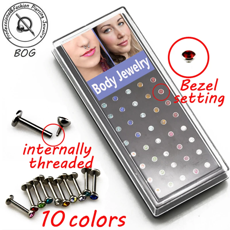 

40 Pcs Internal Thread 16g Steel Labret Monroe Stud Lip Tragus Cartilage Helix Stud Rings Earring Piercing With 2mm,3mm CZ Gem