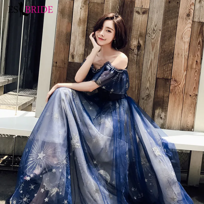 

2019 Royal Blue Evening Dresses Long Party Princess Evening Dresses Luxury Starry Sky Elegant Special Occasion Dresses ES2414