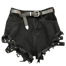 2018 new high street lady fashion short women belt ragged edge washed black denim shorts 