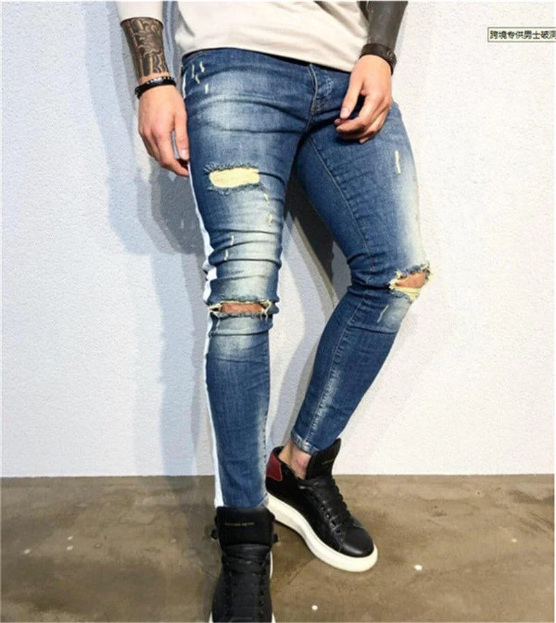 Осень Зима Мода мужские рваные джинсы с вышивкой серые хип-хоп облегающие мужские джинсы мужские облегающие мужские джинсы