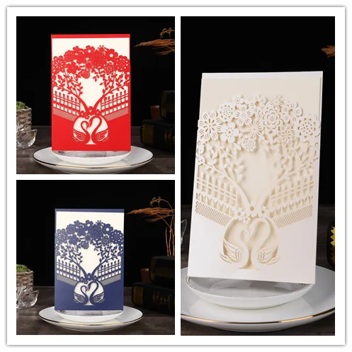 

50pcs/set free envelop and free seal swan style laser cut invitation muti color available