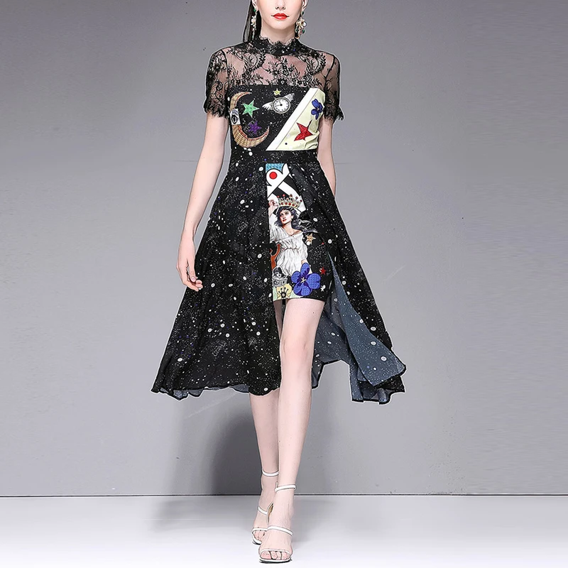 

Red RoosaRosee Sexy Asymmetrical Black Print Slim Front Split Midi Dresses Runway Summer Lace Women's Vestidos Robe Femme 2019