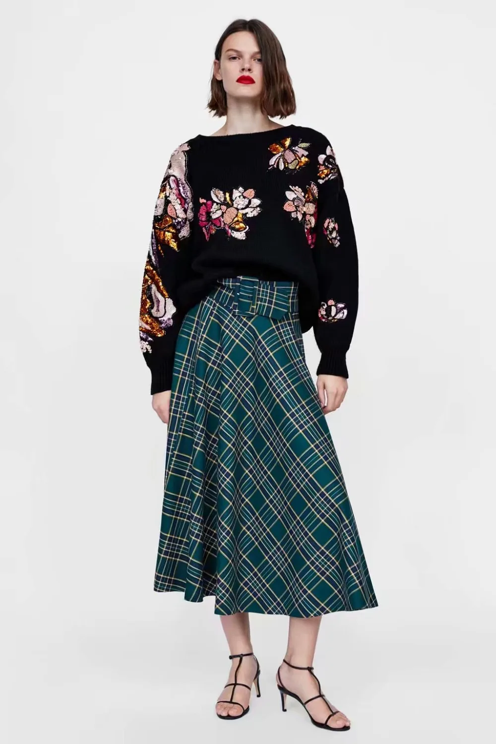 

Fashion women's simple personality sexy belt plaid skirt