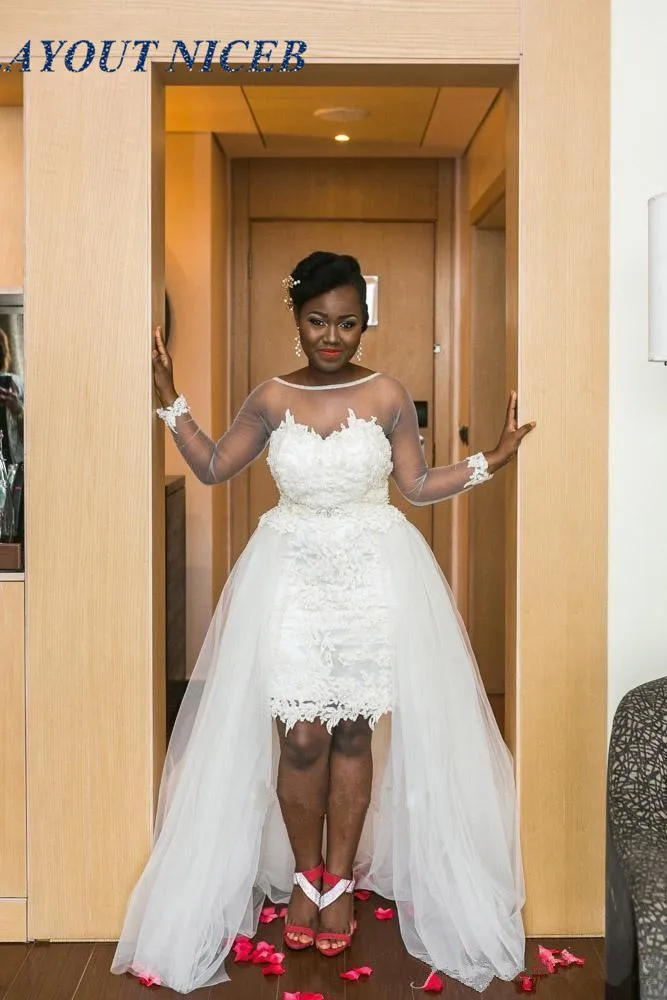 

Transparente Long Sleeves African Short Wedding Dress With Detachable Train Lace Applique Beach Boho Bridal Gowns Plus Size