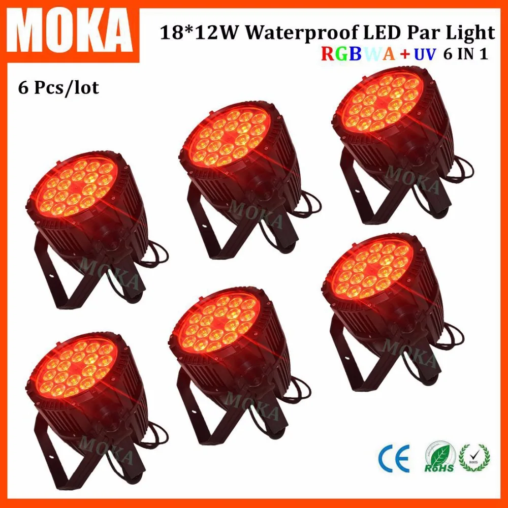 

6 pcs/lot 18x12W par light rgbwa uv 6 in 1 Waterproof Par Light LED DMX par stage lighting Aluminum led dj lights