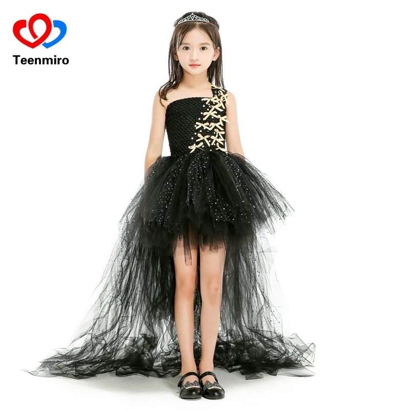 

Sequined Black Bow Girls Tutu Dress Train Tail Tulle Wedding Dresses Kids Halloween Birthday Evening Party Gowns Meisjes Jurk