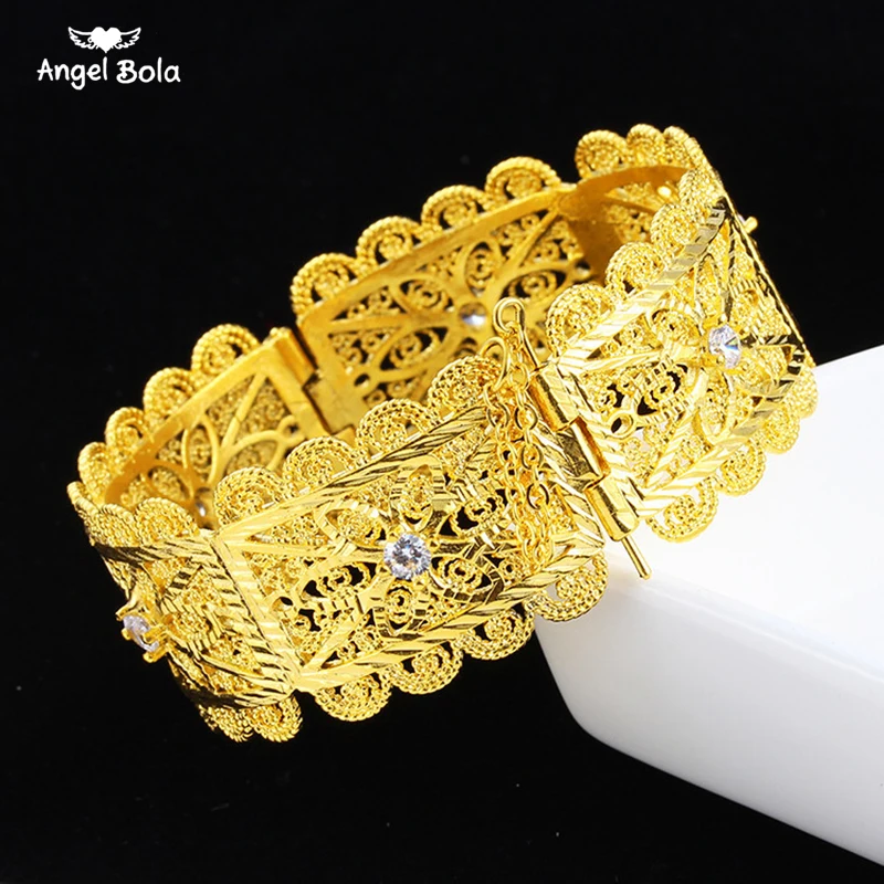

Flowers Large Bracelet for Women,Gold Color Muslim Islam Middle East Bangle Flower Big Bangle with Spring GP Jewelry Trendy