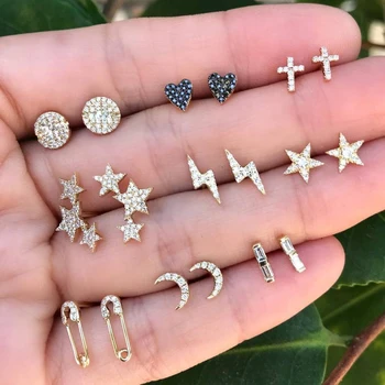 

9 pairs Vintage Mix Design Moon Star Crystal Piercing Earrings for Women Gold Color Small Heart Cross Ear Studs Cuff Earring Set