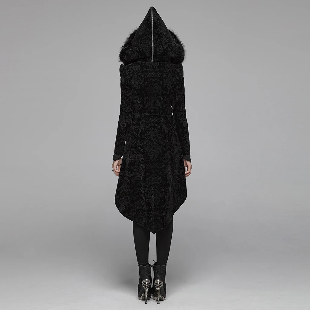 Панк рейв женское готическое жаккардовое шерстяное пальто с капюшоном ремень Готический узор средней длины Хэллоуин зимнее теплое Мужское пальто
