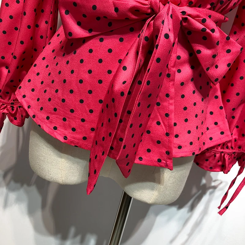 Sexy deep v-neck lace up party lady blouse bodycon short shirt long petal sleeve dot printed chiffon shirt blusa feminina Tops Sexy deep v-neck lace up party lady blouse bodycon short shirt long petal sleeve dot printed chiffon shirt blusa feminina Tops