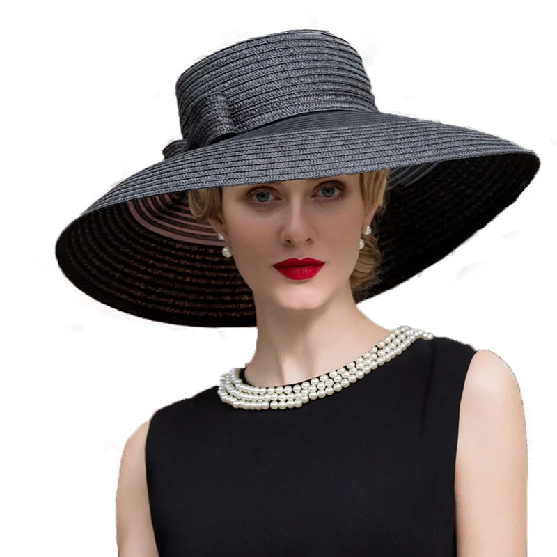 FS черная небесно-голубая Летняя женская Солнцезащитная шляпа с большими широкими полями, свадебная фетровая шляпа с бантом, винтажная соломенная шляпа в виде церкви Дерби - Цвет: Черный