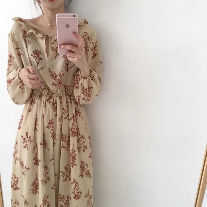 

Spring long sleeve dress for women Korean wild Ruffled floral dresses female gentle sweet slim chiffon dress elegant women LW031