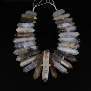 

Large Hole 2.0mm Natural Grey Stone Middle Drilled Faceted Nugget Beads Necklace,Raw Gems Double Stick Point Pendants Bulk