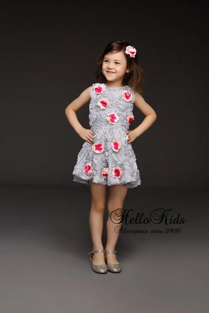 Pettigirl/летние платья принцессы; серое платье с цветочным узором для девочек; элегантные вечерние платья с розовыми складками для маленьких детей