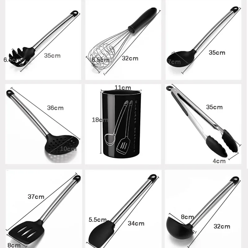Meijuner 9Pcs Kitchen Silicone Tools Cook Tools Kitchen Gadgets Cooking Tool Egg Beater Spoon Spatula Brush Kitchenware MJ272