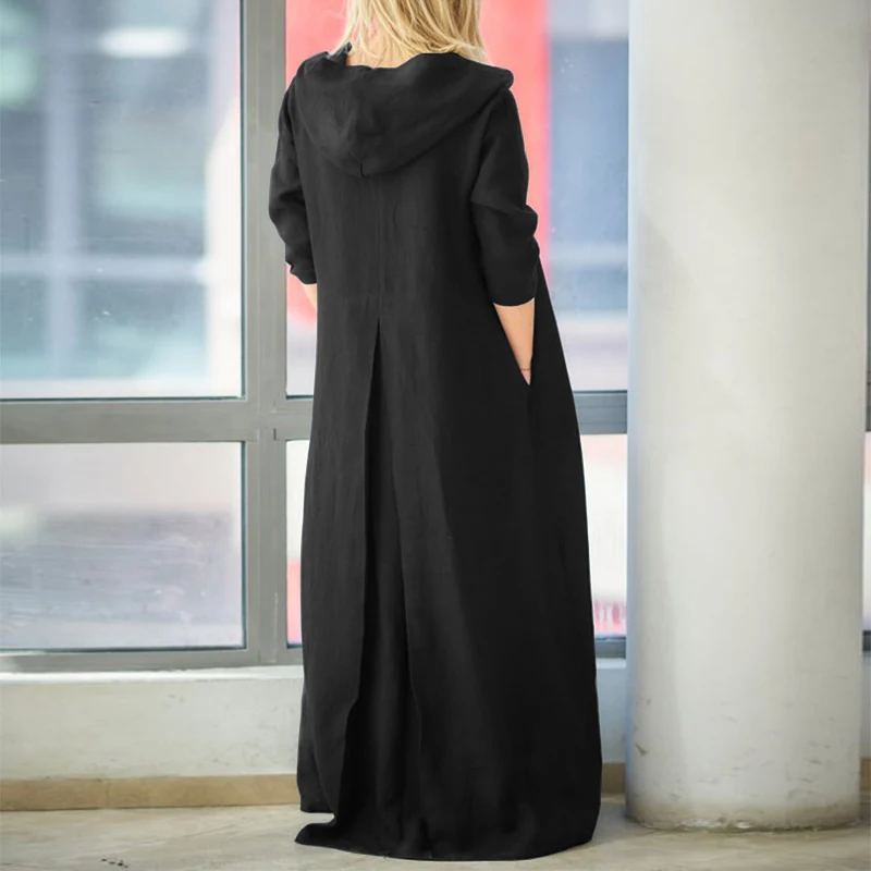 S 5XL ZANZEA винтажное однотонное хлопковое льняное платье макси с капюшоном женские повседневные свободные осенние вечерние длинные платья с длинным рукавом