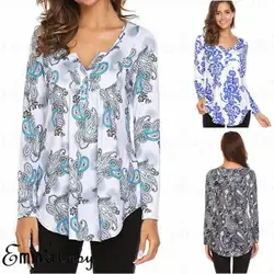 Новый Для женщин Туника Топы кнопку печатных свободные Повседневная рубашка с длинным рукавом Блузка Плюс