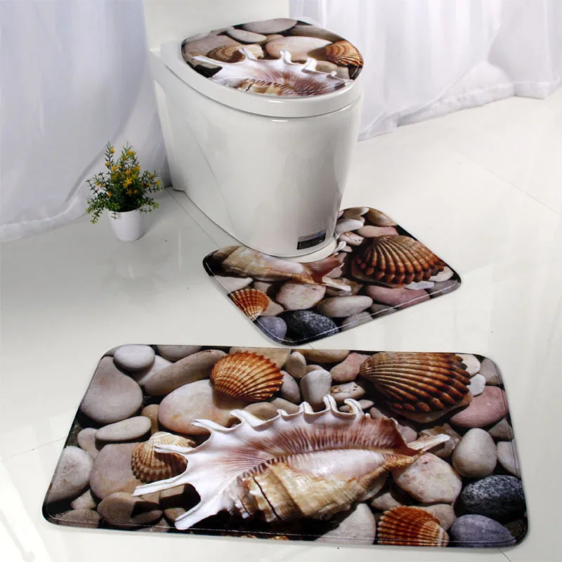 

Bathroom Mat Anti-slip Mat Set Flannel Absorbent Toilet Seat Cover Rug Bathroom Decoration Accessory 3Pcs/set Ocean Pattern