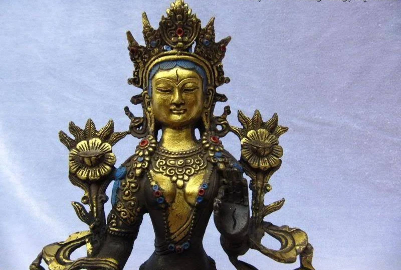 

8"Tibet Buddhism Copper Bronze gild lotus White TaRa Kwan-Yin Buddha Statue
