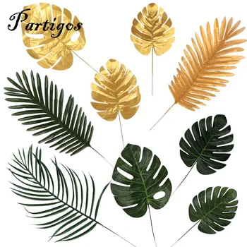 

5pcs Gold Green High-Quality Fake Leaf Artificial Tropical Palm Leaves DIY Plant Home Party Wedding Table Desk Decoration Supply