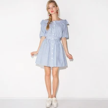 HDY Haoduoyi 2019 Women's Summer Fresh Sweet Style Striped Print Dress Off Shoulder Mini Party Dress open shoulder mini vertical striped dress