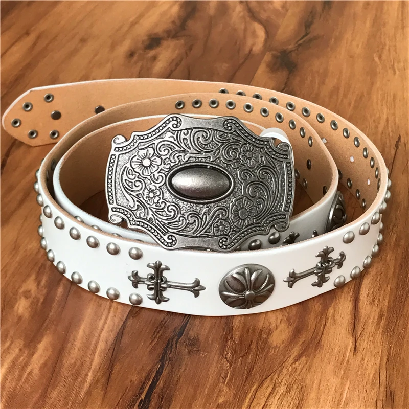 Cowboy White Belt Genuine Leather Vintage Men Belt Metal Belt Buckle