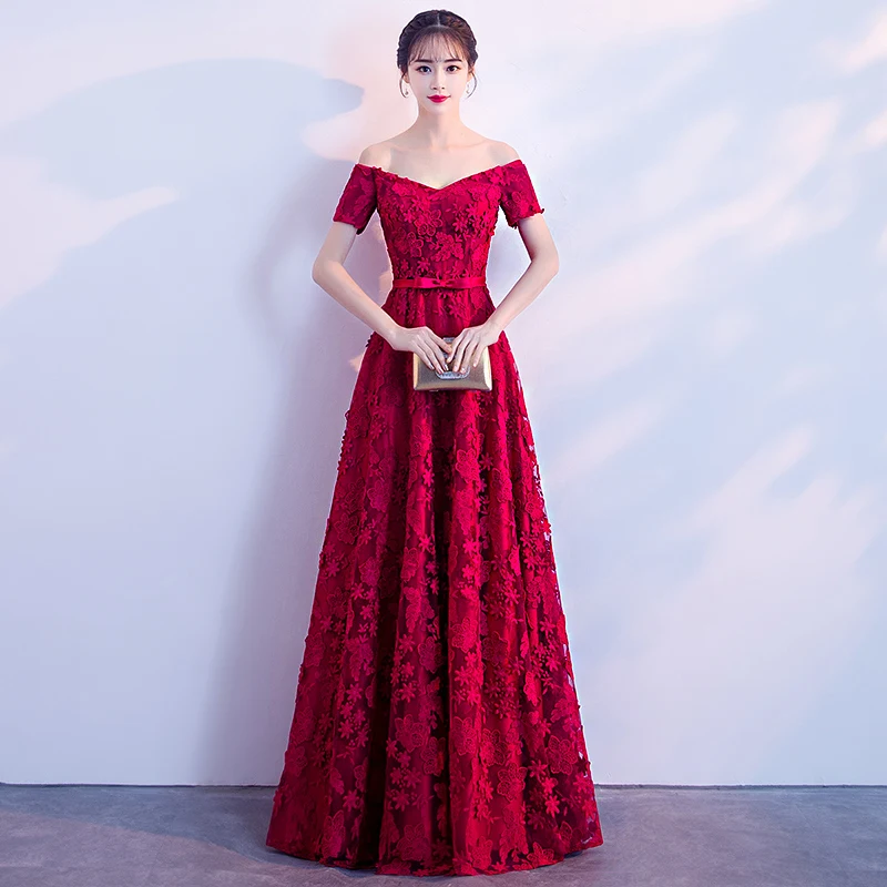Elegant Wine Red Evening Dresses Long Boat Neck Off The Shoulder Floor-Length Lace Formal Dresses For Women Evening Gowns LF423