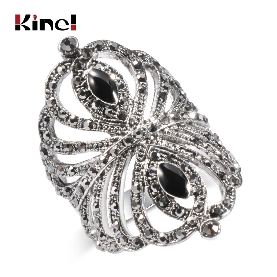 

Kinel Fashion Ladies Black Enamel Ring Vintage Wedding Jewelry Hollow Gray Crystal Bohemian Ancient Silver Rings For Women