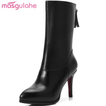 

Masgulahe mid calf boots pointed toe office lady genuine leather boots zipper warm winter boots for womens shoes waterproof