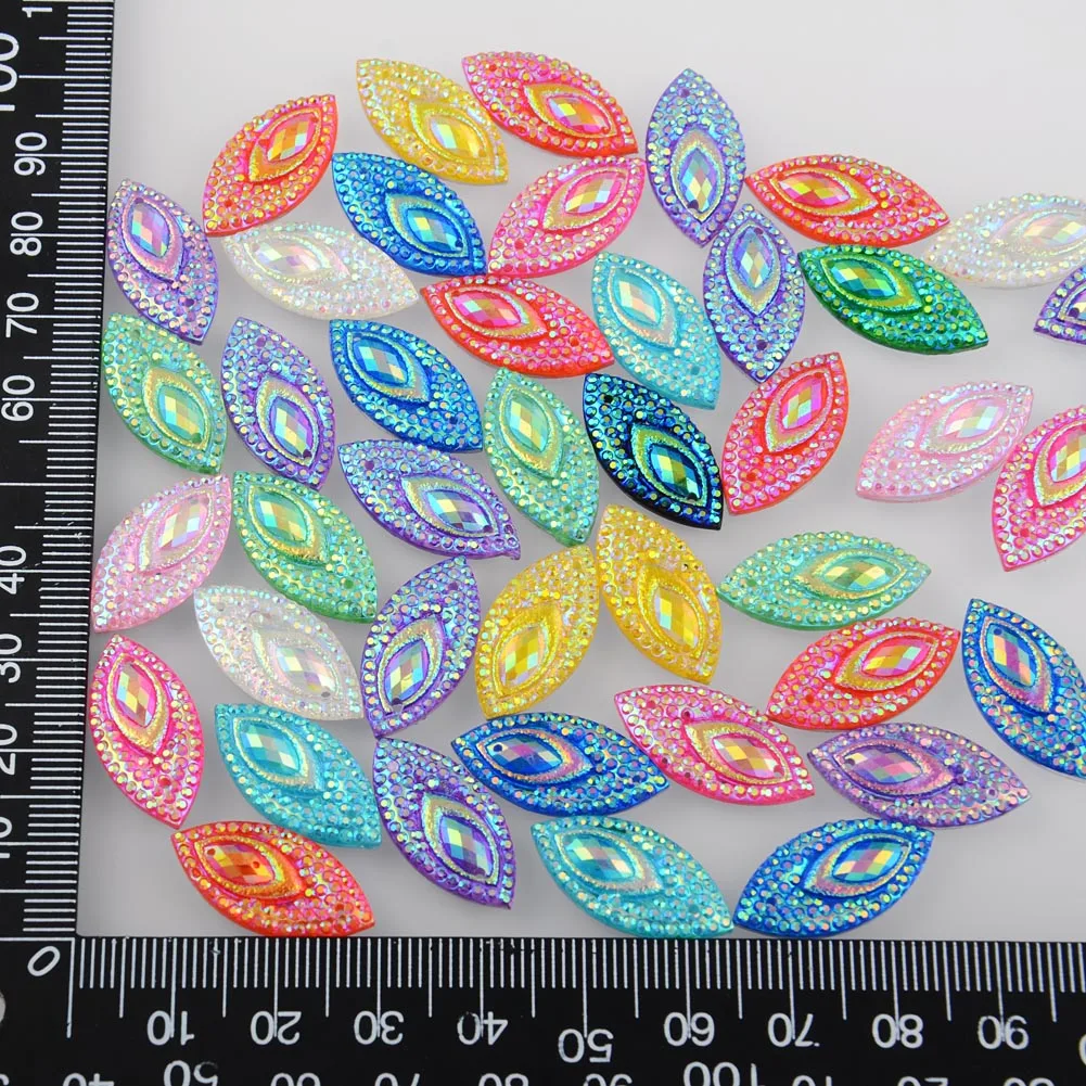

BOLIAO 40Pcs 11*22 mm (0.43*0.87 in) AB Color Horse eye Shape Resin Rhinestone Flatback Sew On Clothes/Home Decor Crafts DIY