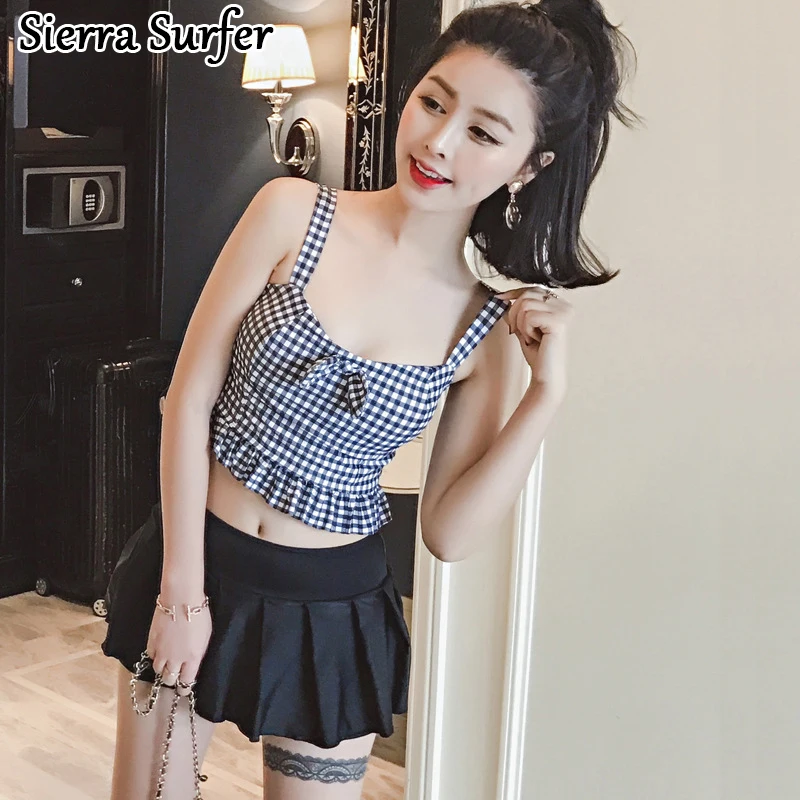 

Woman Swimsuit Retro Plaid Tankini Plus Size Streep Tankini Underwire Cover Skirt Cotton 2018 Rashgard Set Swimsuit Push Up