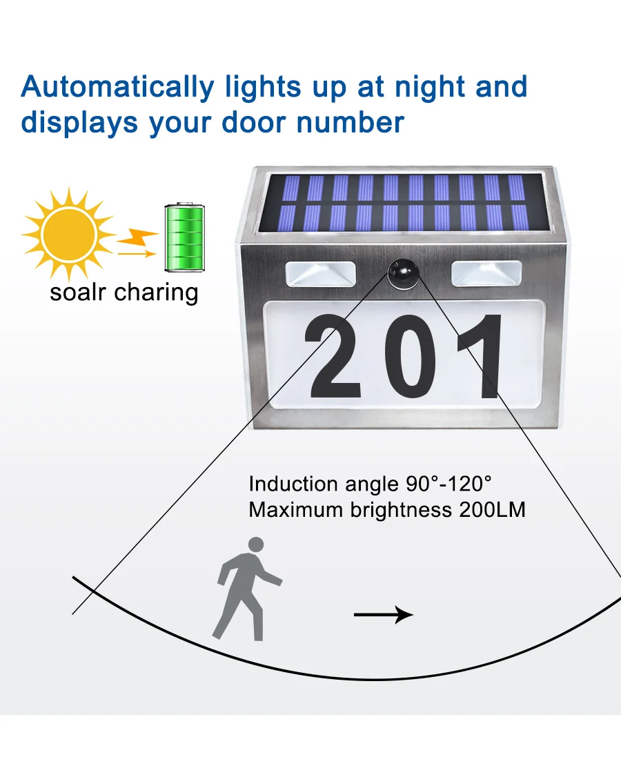 Светодиодный светильник на солнечных батареях с номером адреса дома из нержавеющей стали с датчиком движения, солнечный светильник для сада, дома, двора, двери