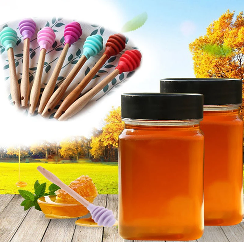 

Silicone Honey Mesuring Scoop Wooden Handle Dipper Honey Jar Stick Stirring Rod Spoon Stick (Colors Sent Randomly) Mixing